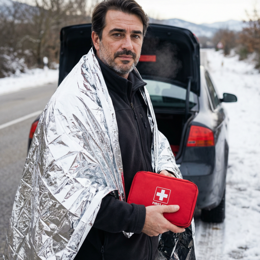 Emergencia en invierno: manta térmica y botiquín Persona envuelta en manta térmica junto a un coche con el maletero abierto en una carretera nevada, sosteniendo un botiquín rojo.
