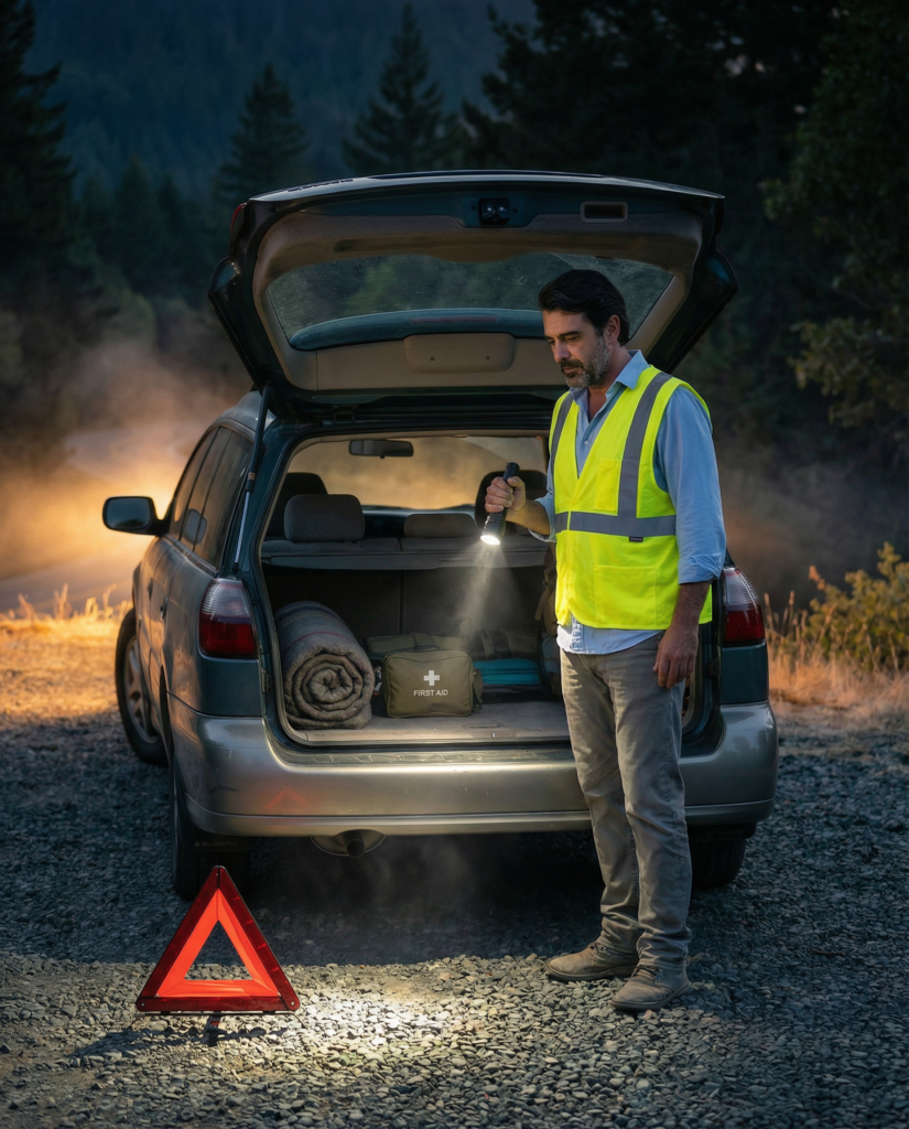 Hombre con chaleco reflectante usando una linterna junto al maletero abierto del coche, con triángulo de emergencia en carretera