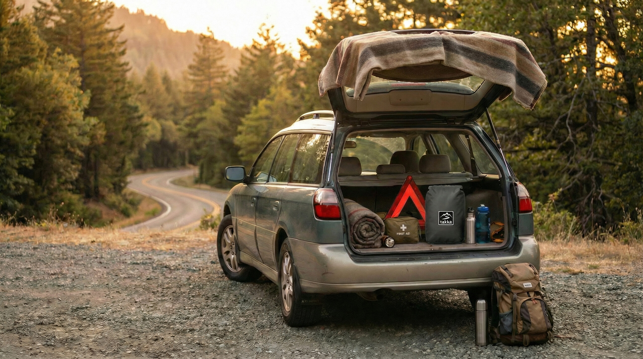 Coche detenido con el maletero abierto mostrando triángulo de emergencia, botiquín y bolsa estanca del kit organizados para carretera.