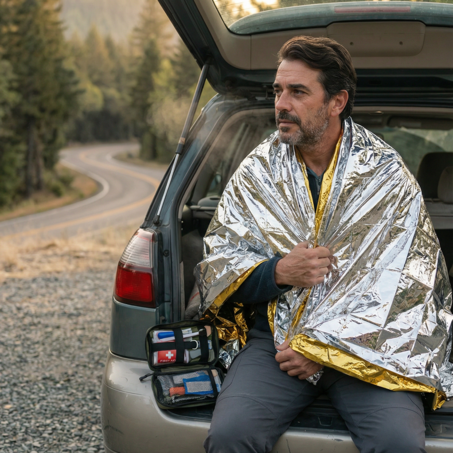 gettakka-manta-termica-emergencia-coche-botiquin-maletero Persona sentada en el maletero del coche envuelta en una manta térmica, con botiquín y kit de emergencia a mano en carretera de montaña.